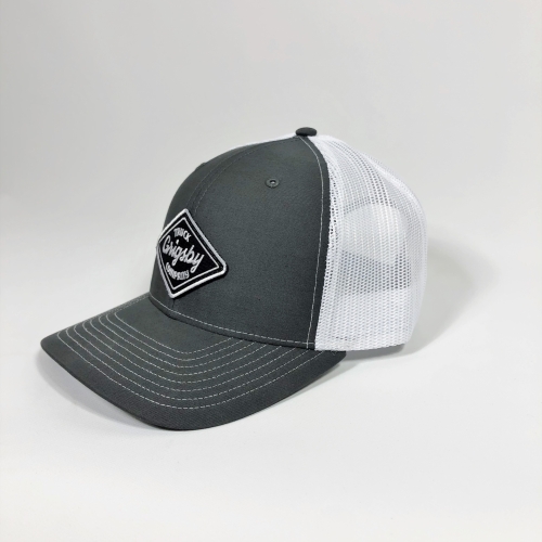 Side profile of charcoal and white trucker hat